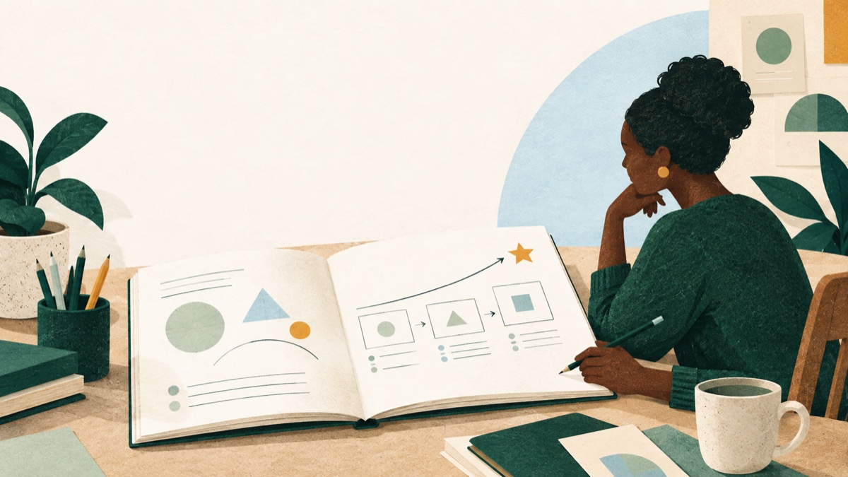 An adult teacher reviewing an open workbook, illustrated in Kwazi’s green and cream colours